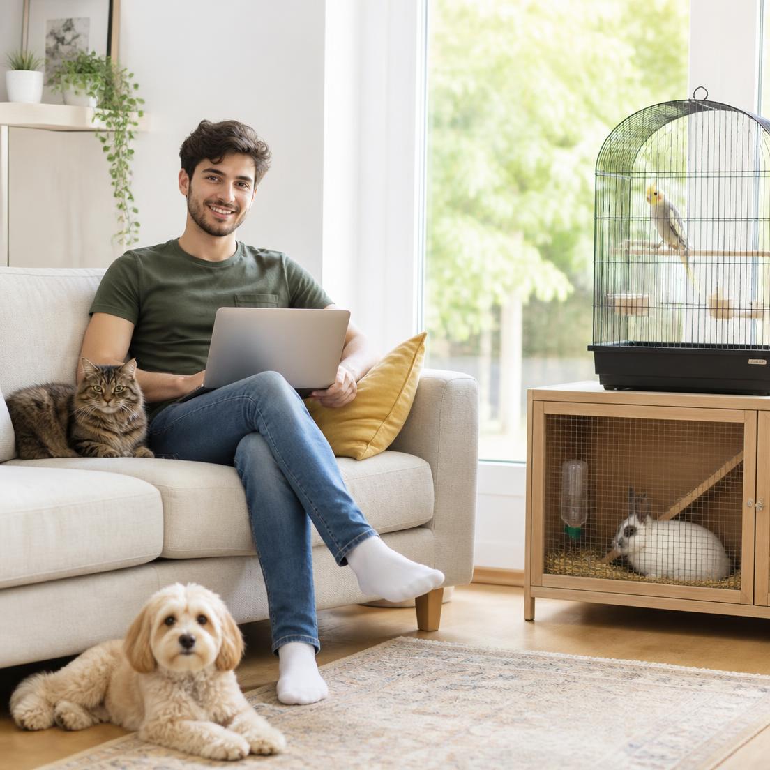 Man met laptop op de bank, met kat, hond, konijn en vogel om zich heen.